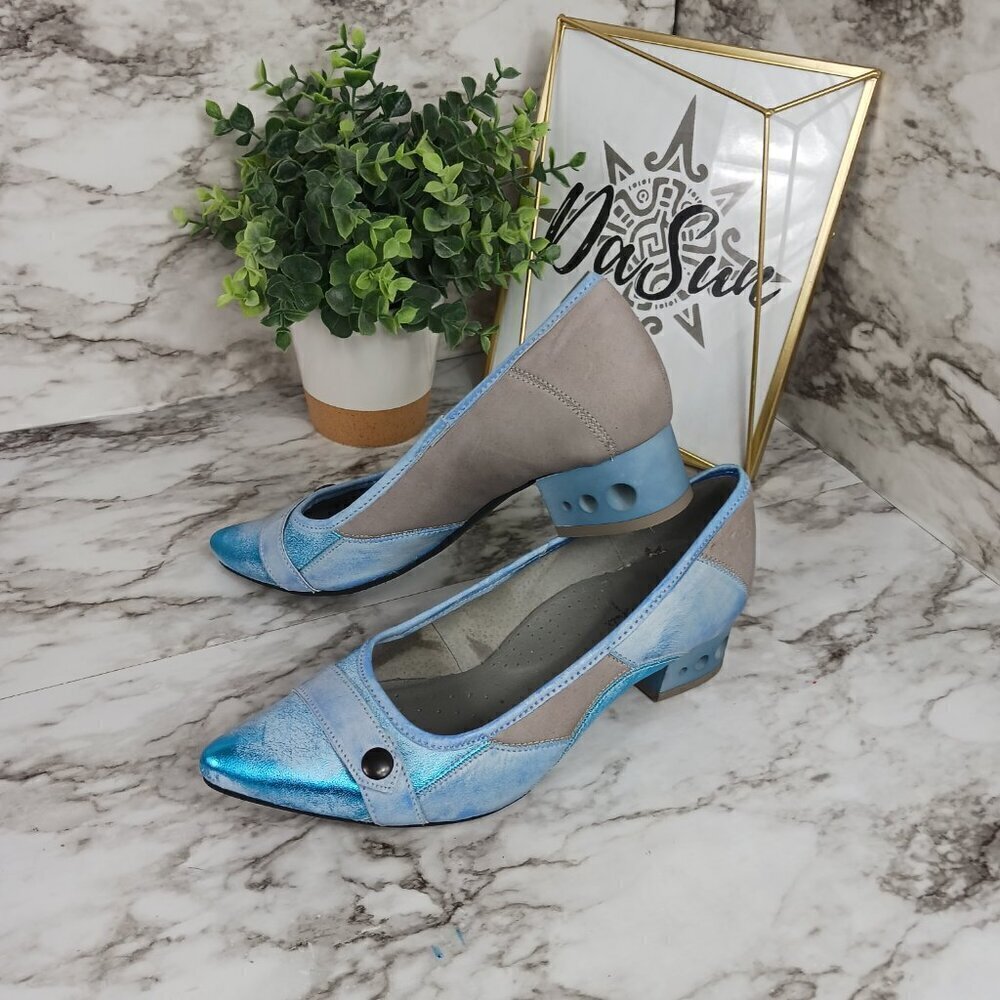 MACIEJKA pumps block heels women's slip-on pointed-toe blue leather size 39